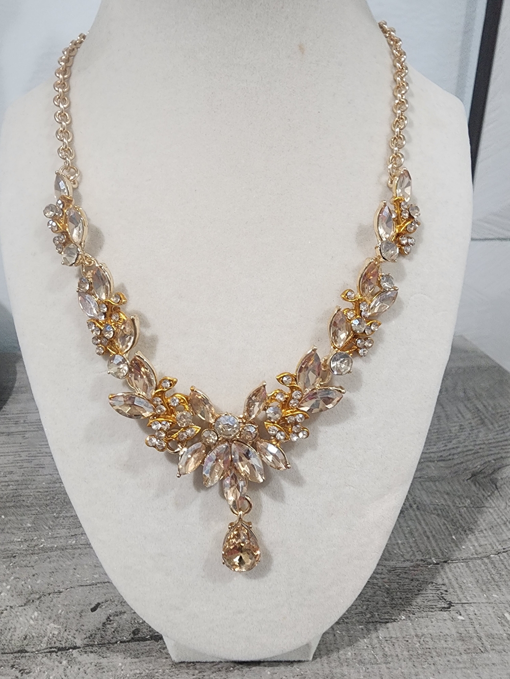 Gold Crystal Teardrop Statement Necklace